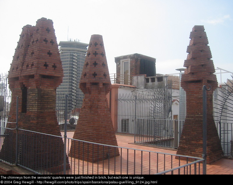 The chimneys from the servants' quarters were just finished in brick, but each one is unique.